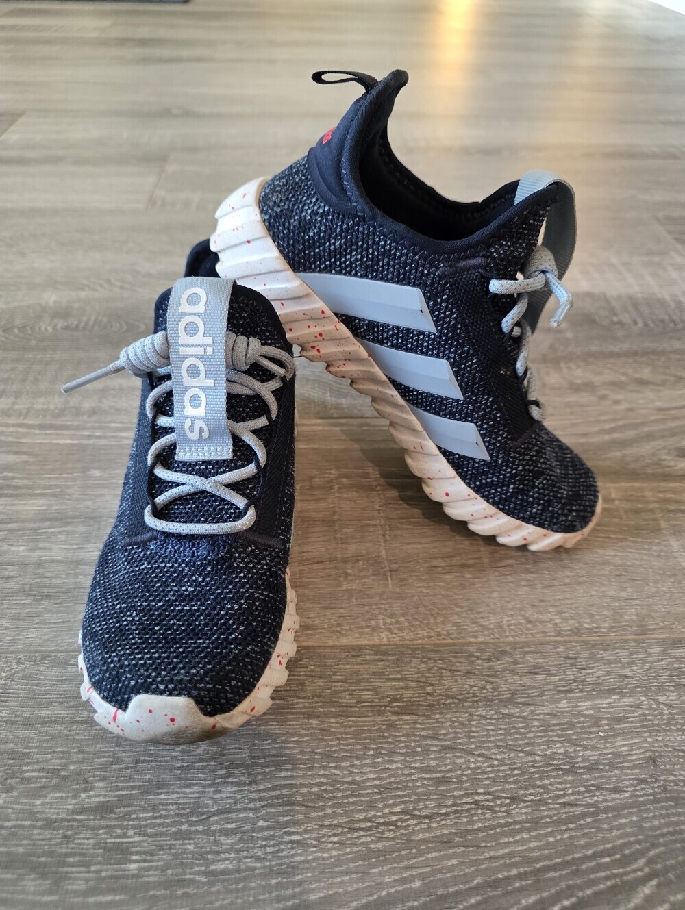 Adidas Kids Knit Sneakers with White Stripes and Pink Speckle Sole